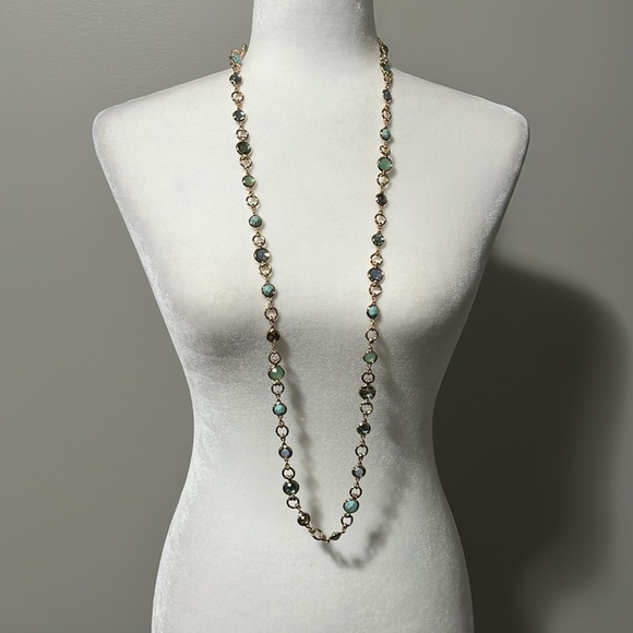 Gold Chain Necklace and Bracelet Set with Blue and Green Gems - Picture 7 of 10